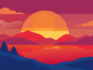 watercolor glowing sunset lake painting background