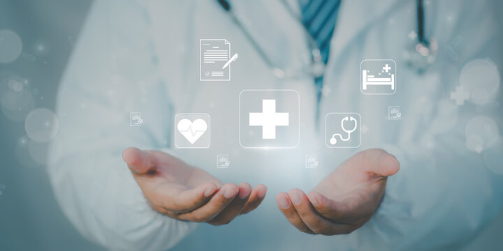 Doctor present digital healthcare icon representing medical service, innovation, patient care hospital environment, symbolizing technology integration, health data management, modern treatment system. - Powered by Adobe