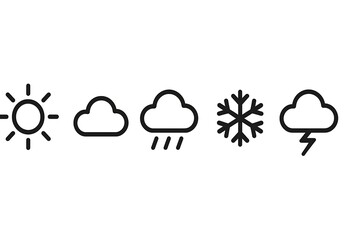Outline vector icons of weather — sun, cloud, rain, snowflake, thunder