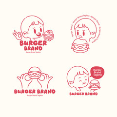 Playful burger logo set featuring a happy boy character holding and enjoying burgers. Red monoline illustration for fast food branding and restaurant identity.