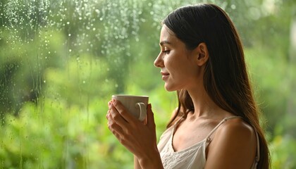 Woman Enjoying a Warm Drink on a Rainy Day