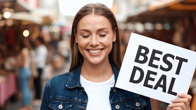Woman at Market Holding "Best Deal" Sign - Smiling, Shopping