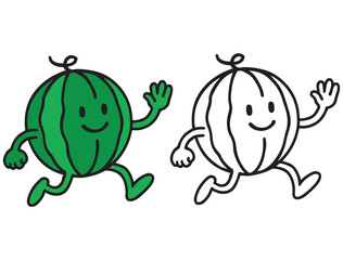 Happy watermelon character outline illustration for coloring. Great for kids’ fruit-themed coloring pages, fun learning activities, and printable art sheets.