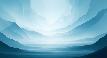 A serene landscape with rolling hills and mountains shrouded in a soft, misty blue hue, creating a tranquil and ethereal atmosphere in nature