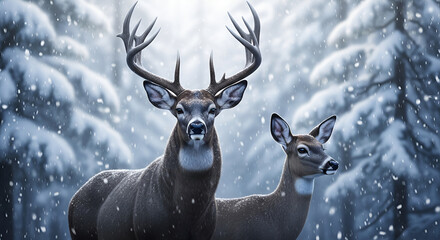 A majestic buck and doe stand in a snowy forest, illuminated by soft light during winter season