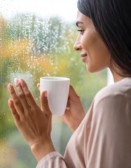 Woman Enjoying Coffee by a Window on a Rainy Day, Serene and Peaceful Moment