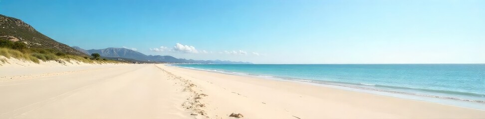 Fototapeta premium Vast expanse of empty beach at low tide, smooth sand stretches to the horizon under a clear sky Perfect for serenity, peace, and solitude themed projects , quiet, space, golden