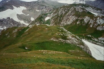 Vintage Film Photo of the Deep Green Mountain Gorge. Majestic Layers of Misty Peaks Fading to the Horizon. High Altitude Nature Landscape View.