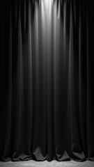 Dramatic black curtain drapes elegantly, illuminated by soft light from above, creating mysterious atmosphere