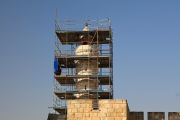 Restoration works and scaffoldings on city walls in Jerusalem, Israel.