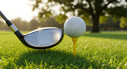 Close up of golf club and ball on tee on the green grass of a golf course in bright sunshine