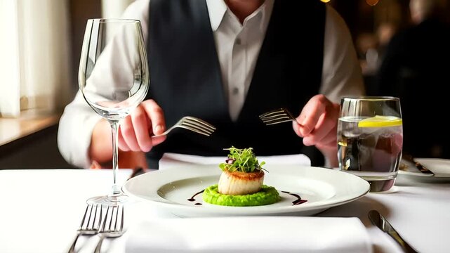 Elegant dining experience with gourmet dish and attentive service in upscale restaurant