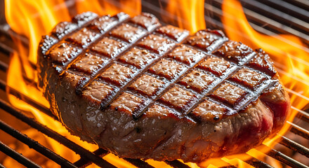 Delicious grilled steak on a barbecue grill with flames, showcasing the perfect sear and juicy texture