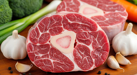 Fresh raw beef shank slices with bone marrow, surrounded by garlic, onion, and vegetables on wooden board