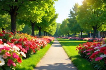 Obraz premium Vibrant flowerbeds bursting with color adorn a meticulously landscaped park, creating a cheerful and inviting atmosphere Perfect for spring, summer, and tourism brochures , landscaping, idyllic