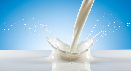 Pouring fresh milk creates a dynamic splash against a vibrant blue backdrop, showcasing its purity and freshness