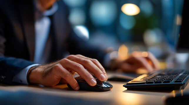 Hands using wireless mouse and keyboard on desk faceless wireless work mouse and keyboard office peripherals professional setup desk devices wireless hands computing closeup