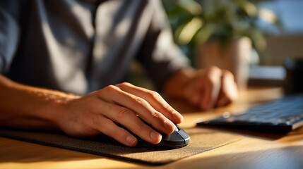 Hands using computer mouse on desk mousepad faceless computer use mouse hand desk mouse office computing professional mouse use computer hand closeup workspace mouse with