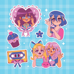 Sticker sheet with anime girls and cute decorative icons