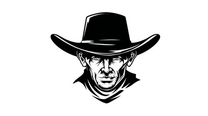 A stern black and white portrait of a man wearing a cowboy hat, looking directly at the viewer