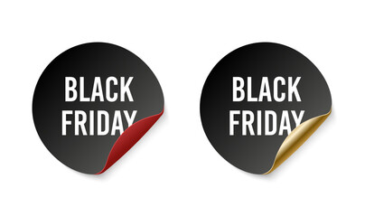 black round Black Friday sticker with a curled gold and red corner in elegant vector style, perfect for luxury sale promotions, product labels, and online advertising designs.
