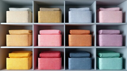Fototapeta premium Set of six square-shaped storage boxes arranged in a grid-like pattern on a white shelf. each box is filled with a different color of fabric, including pink, orange, yellow, blue, and green.
