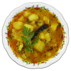 Traditional Indian Gujarati vegetarian food dish Aloo or potato stew curry Gravy suki bhaji sabji in dish, can served with roti, chapati, bread, rice, top view, cutout in transparent background, png