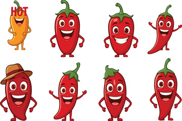 Cartoon chili pepper illustration set, expressive spicy characters with faces and limbs, food humor theme, vector clipart, children’s design asset
