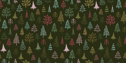 Cute hand drawn doodle trees, lovely christmas seamless pattern, illustrated background, great for wrapping paper, textiles, wallpapers, packaging - vector