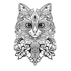 Mandala Cat Line Art &ndash; Decorative Floral Zentangle Style Illustration