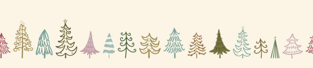 Cute hand drawn doodle trees, lovely christmas seamless pattern, illustrated background, great for wrapping paper, textiles, wallpapers, packaging - vector