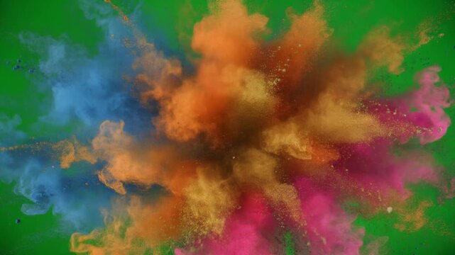 Vibrant Color Powder Explosion on Green Screen &ndash; Dynamic Abstract Burst in Slow Motion