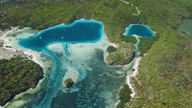 Aerial view of the blue lake in Indonesia. The Nirwana lake, Telaga Nirwana, located on Rote island in Indonesia