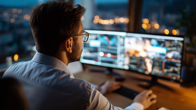 Back view of businessperson using multiple monitors faceless multi monitor rear view workstation back to monitors professional setup multi screen work office tech setup anon