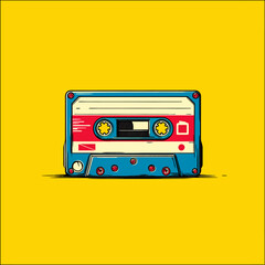 Naklejka premium A vibrant cartoon illustration of a classic audio cassette tape in blue, red, and cream. A yellow background