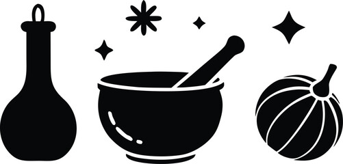  Witchcraft Icons Set Featuring Cauldron Mortar and Pestle Potion Bottles and Onion silhouette vector illustration.