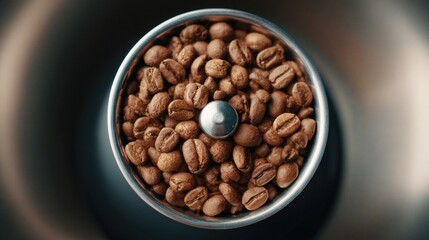 Fototapeta premium Close-up of a small metal bowl filled with coffee beans. the bowl is round and has a silver lid with a small knob on top. the beans are dark brown in color and appear to be freshly roasted.