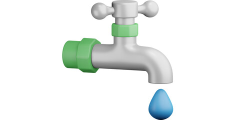 3D water tap with dripping droplet illustration, Realistic plumbing faucet icon with blue drop, Clean water conservation concept in 3D render