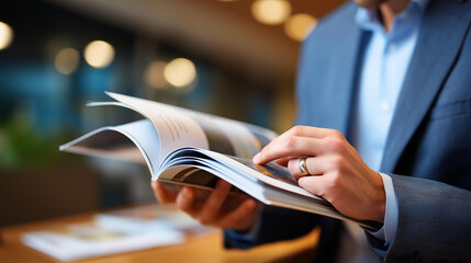 Hands turning pages of business report or magazine faceless reading page turning report review magazine hands professional reading document hands paper reading with copy