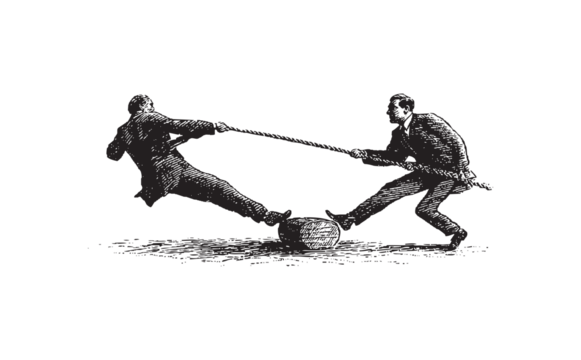Business competition and financial balance concept – two people on a seesaw in tug of war for money bag, symbolizing negotiation, power struggle, and economic rivalry