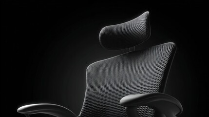 Black and white photograph of an office chair. the chair is made of a mesh-like material and has a modern design with a curved backrest and armrests.