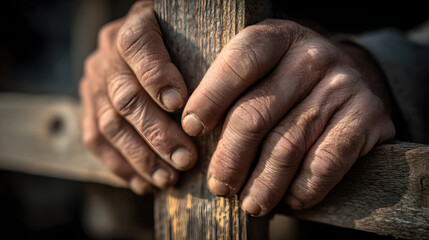 Working man's weathered hands gripping wooden post