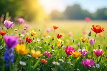 Fototapeta premium Vibrant wildflowers bloom in a sun-drenched meadow, creating a breathtaking display of color and natural beauty Perfect for nature, spring, and summer themes , flora, wallpaper, green
