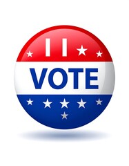 A shiny, circular pin design featuring a red, white, and blue color scheme, with stars and the word 'VOTE' prominently displayed in a stylized font