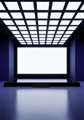 Fototapeta premium Modern empty stage with a large blank screen and illuminated grid ceiling in a dark room.