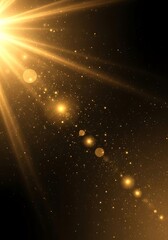 Bright golden light rays and lens flare illuminate a dark, dusty background with sparkling particles and bokeh effects.