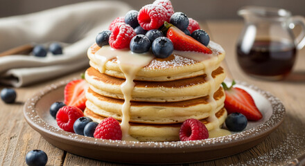 Delicious stack of pancakes drizzled with cream, topped with fresh raspberries, blueberries, and strawberries ready for a sweet breakfast treat