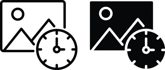 Editable; Adobe Illustrator Artwork Premium Quality Line Art and Silhouette pack - Picture and time icon illustration symbolizing scheduled picture uploading concept