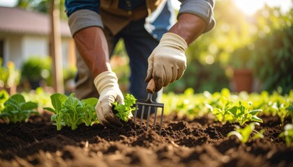 Fototapeta premium Person in Beige Gloves Tending to Garden Plants with Sunlit Background
