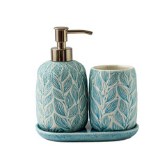 Stylish blue ceramic bathroom set isolated on transparent background, including a soap dispenser, toothbrush holder, and tray with leaf design